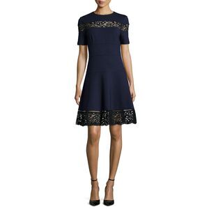 REBECCA TAYLOR Womens Dress Size 2 Blue A-Line Fit Flare Lace Contrast Ponte